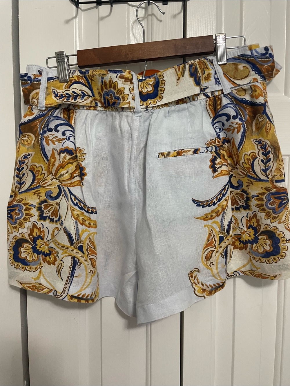 Joie High-Waist White Shorts with Blue and Mustard Paisley Print & Belt - Picture 2 of 3
